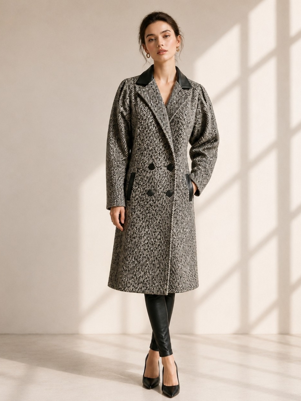 Vintage 90's Gray Tweed Coat Black Leather Trim Herringbone Old Money Size 6